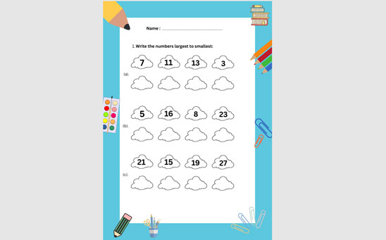 Descending Order Worksheet for Kindergarten PDF